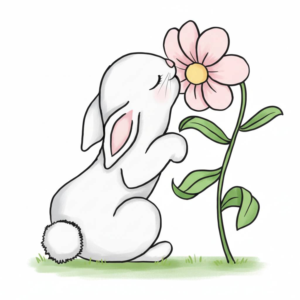 Adorable conejo oliendo una flor en un dibujo fácil