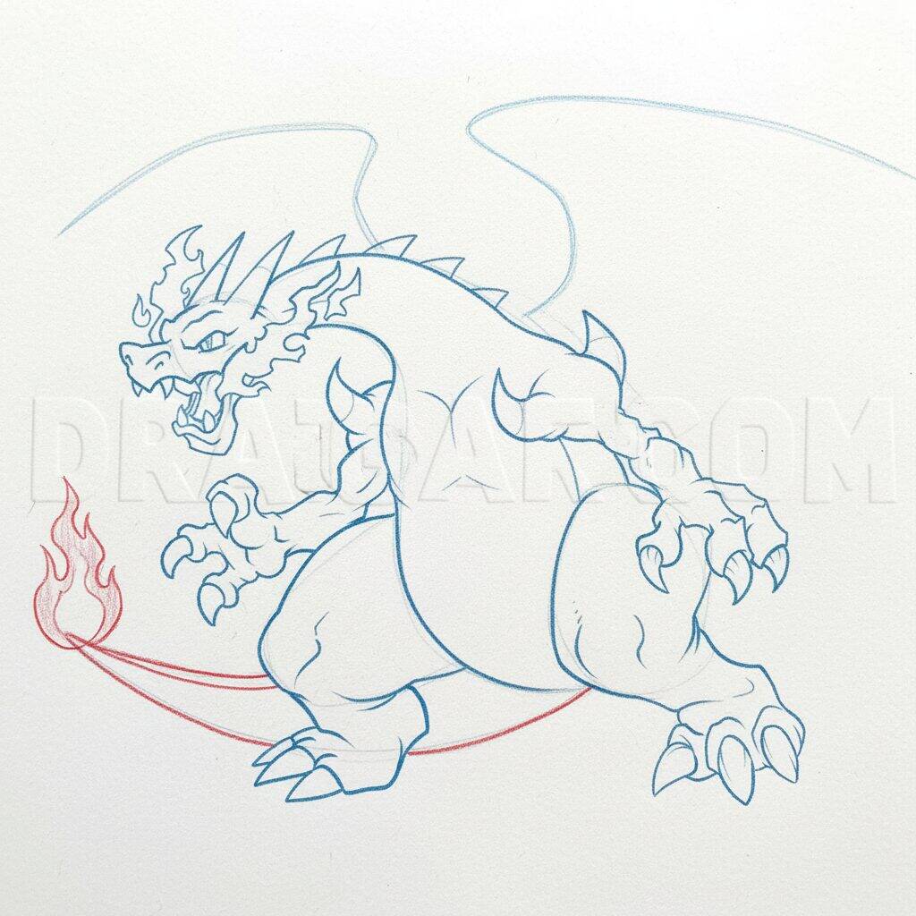 Como Desenhar o Mega Charizard – Tutorial de desenho Passo a Passo – Passo 11