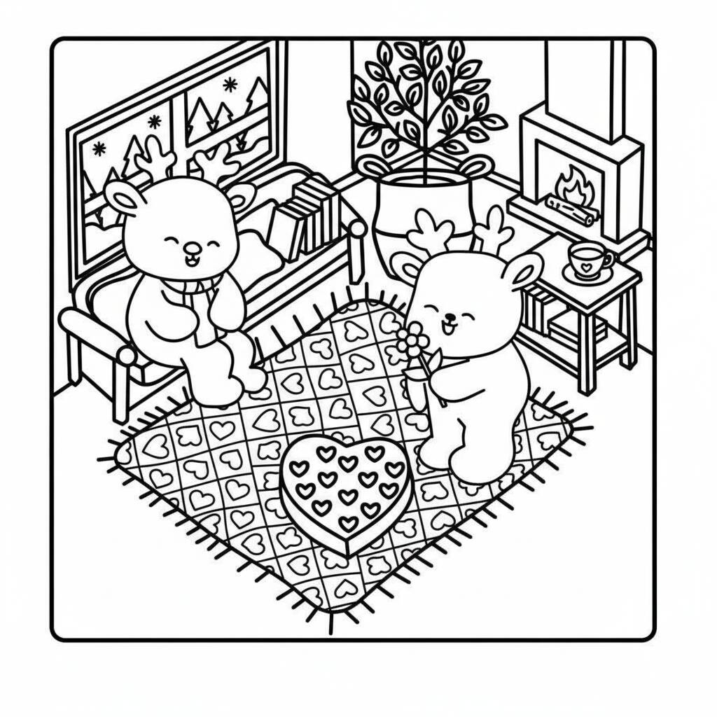 Desenho Cozy Friends em um ambiente acolhedor para colorir
