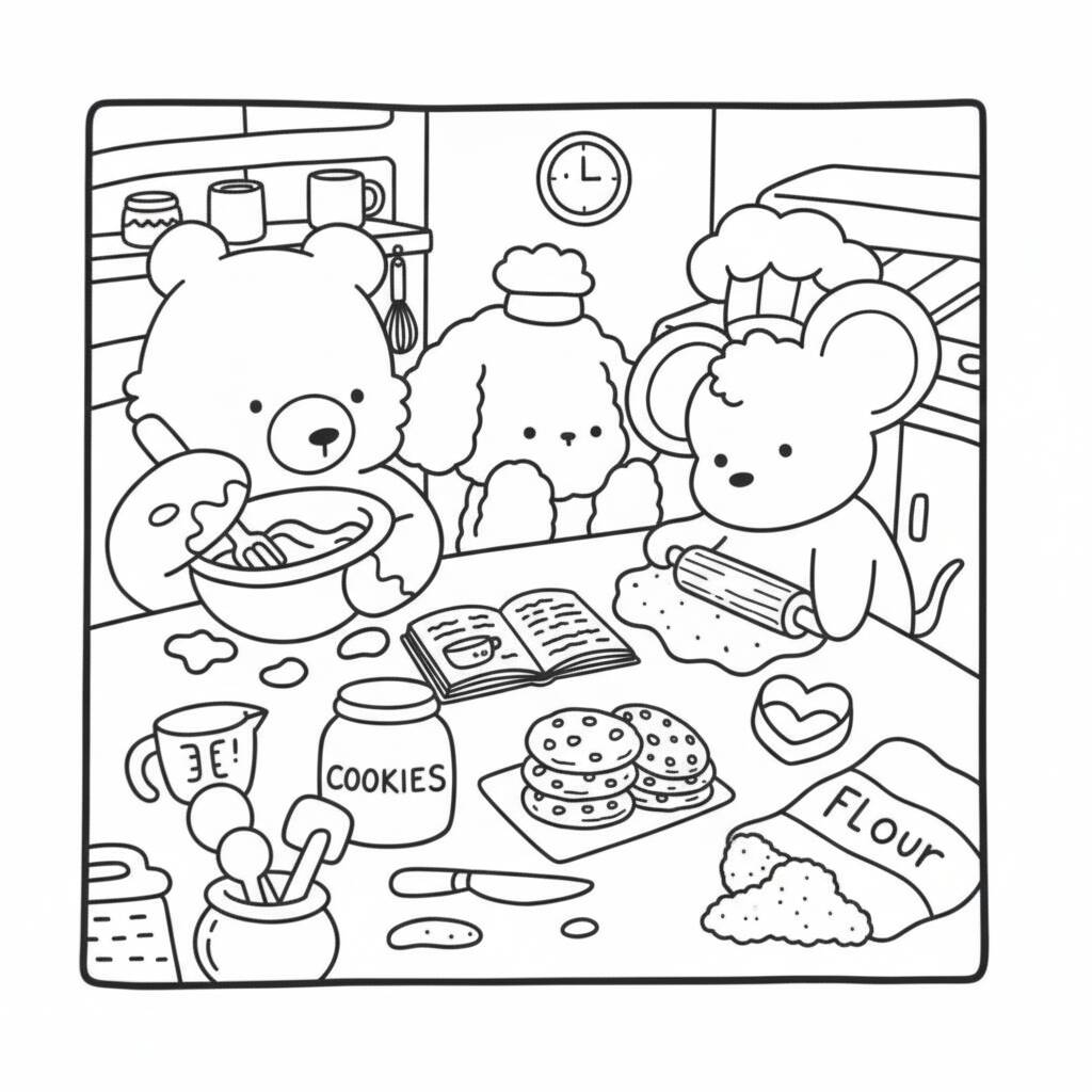 Desenho Cozy Friends na cozinha para colorir