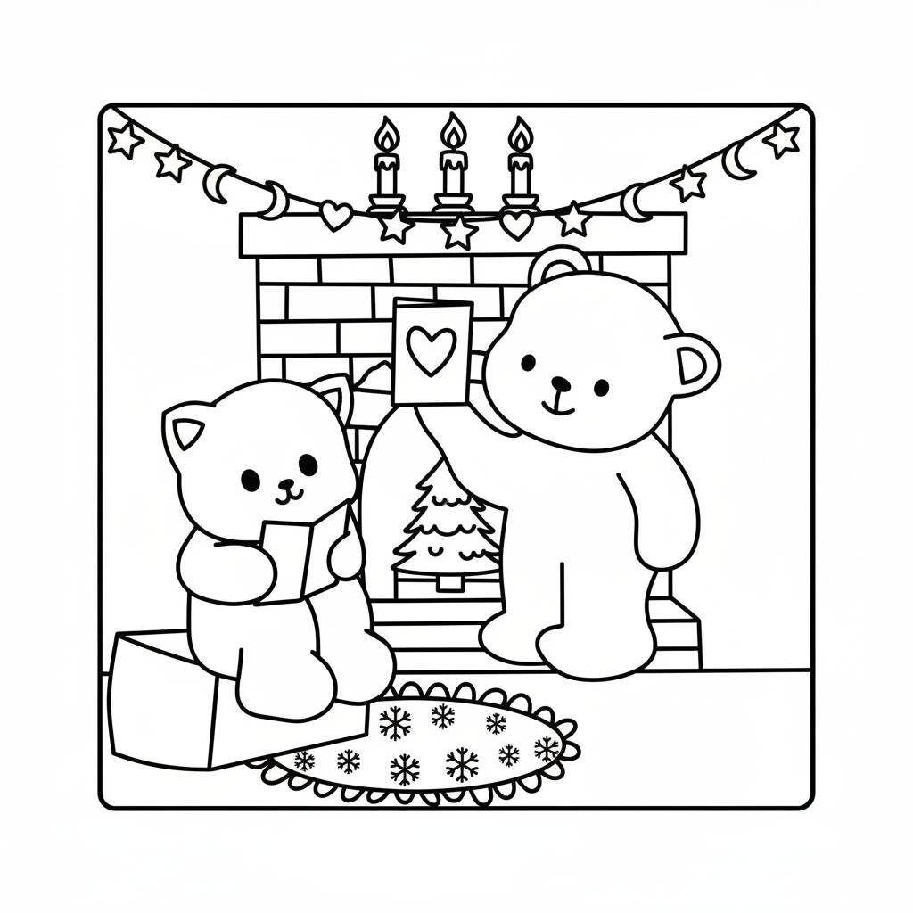 Desenho Cozy Friends na lareira para colorir