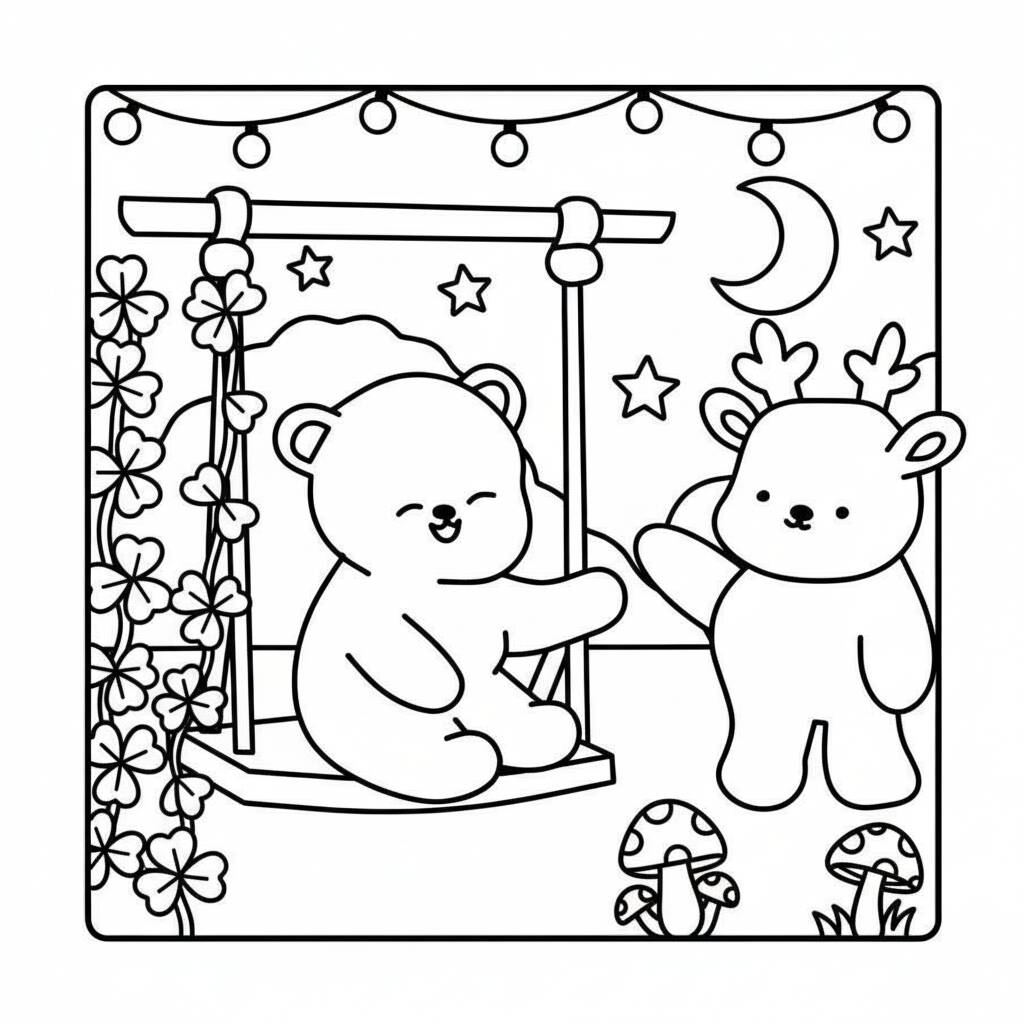 Desenho Cozy Friends no balanço para colorir