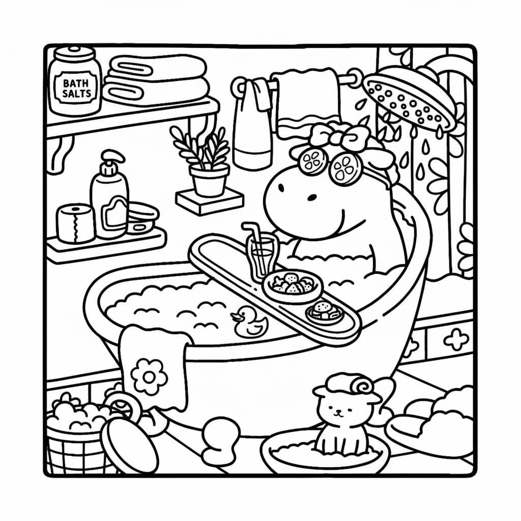 Desenho Cozy Friends no banho para colorir