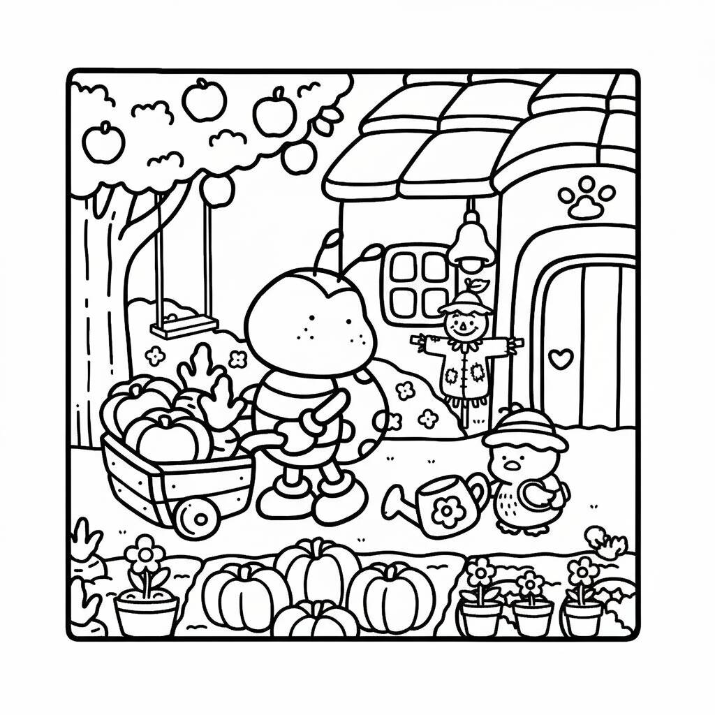 Desenho Cozy Friends no pomar para colorir