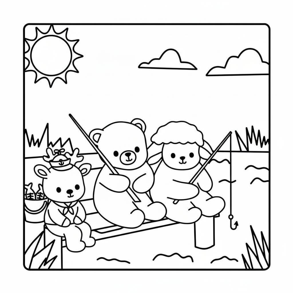Desenho Cozy Friends pescando em um dia ensolarado para colorir