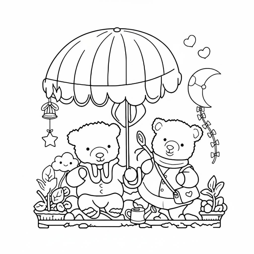 Desenho Cozy Friends sob o guarda-chuva para colorir