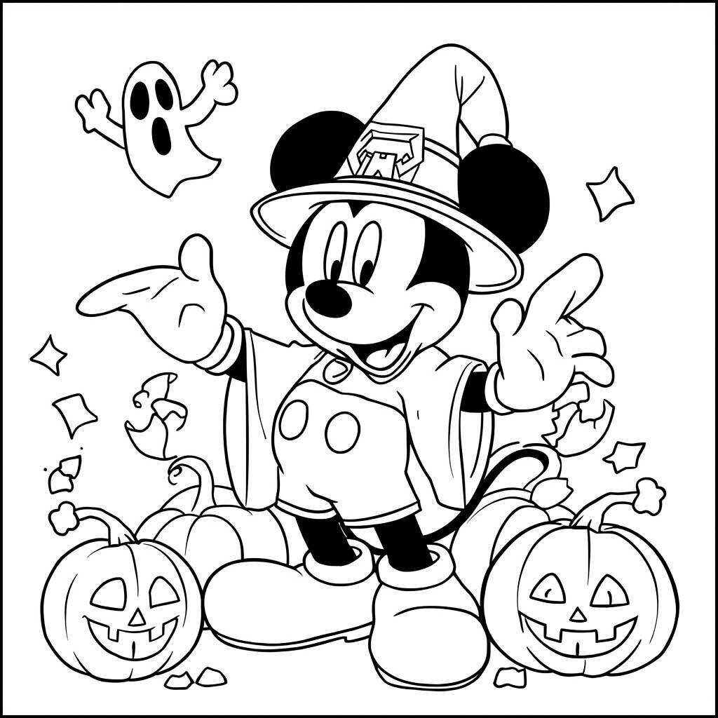Página para colorear de Mickey Mouse y Halloween