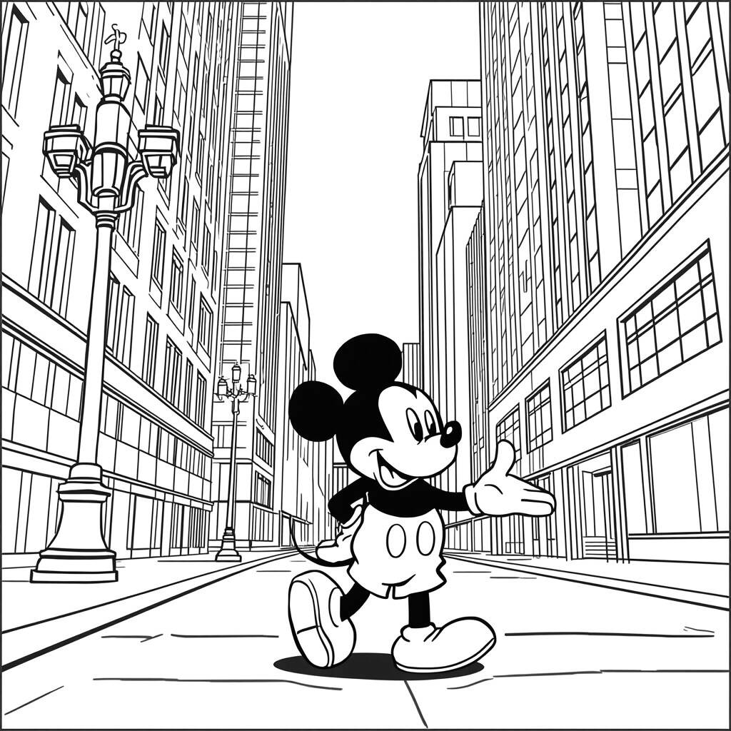 Desenho Mickey Mouse e a Cidade para Colorir