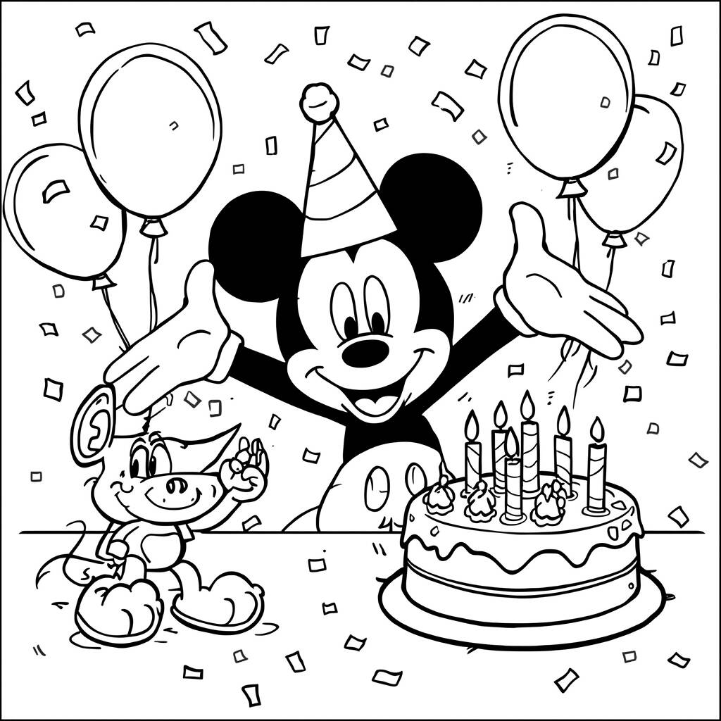 Desenho Mickey Mouse e a Festa de Aniversário para Colorir