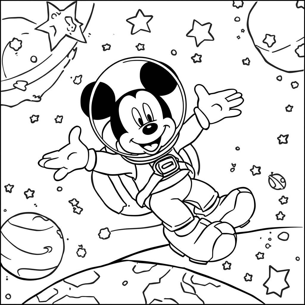 Página para colorear de Mickey Mouse y el espacio