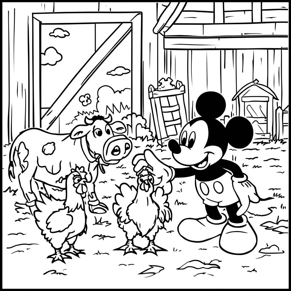 Desenho Mickey Mouse e os Animais da Fazenda para Colorir