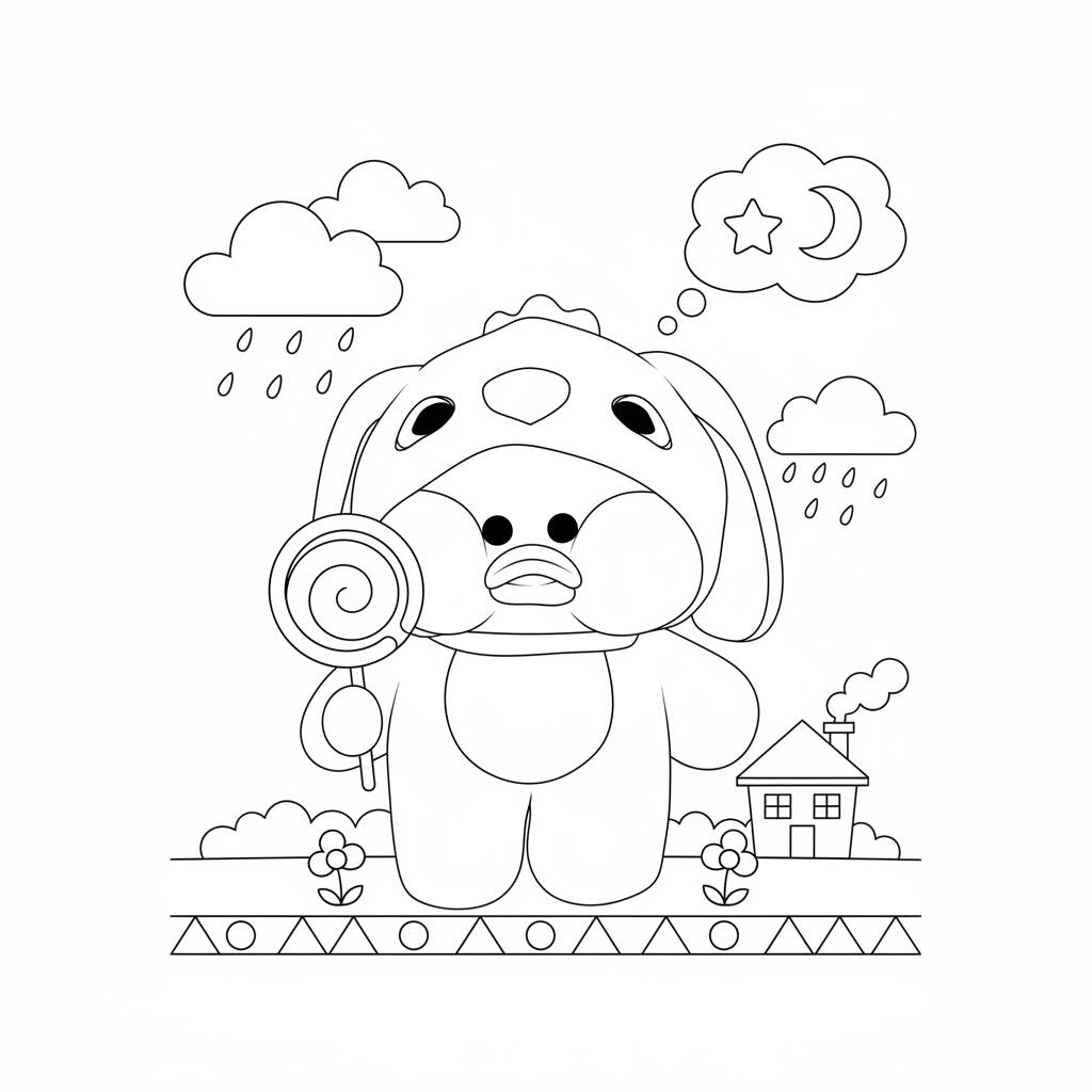 Dibujo de Pato de Papel con dulces y nubes para colorear (Imprimir)