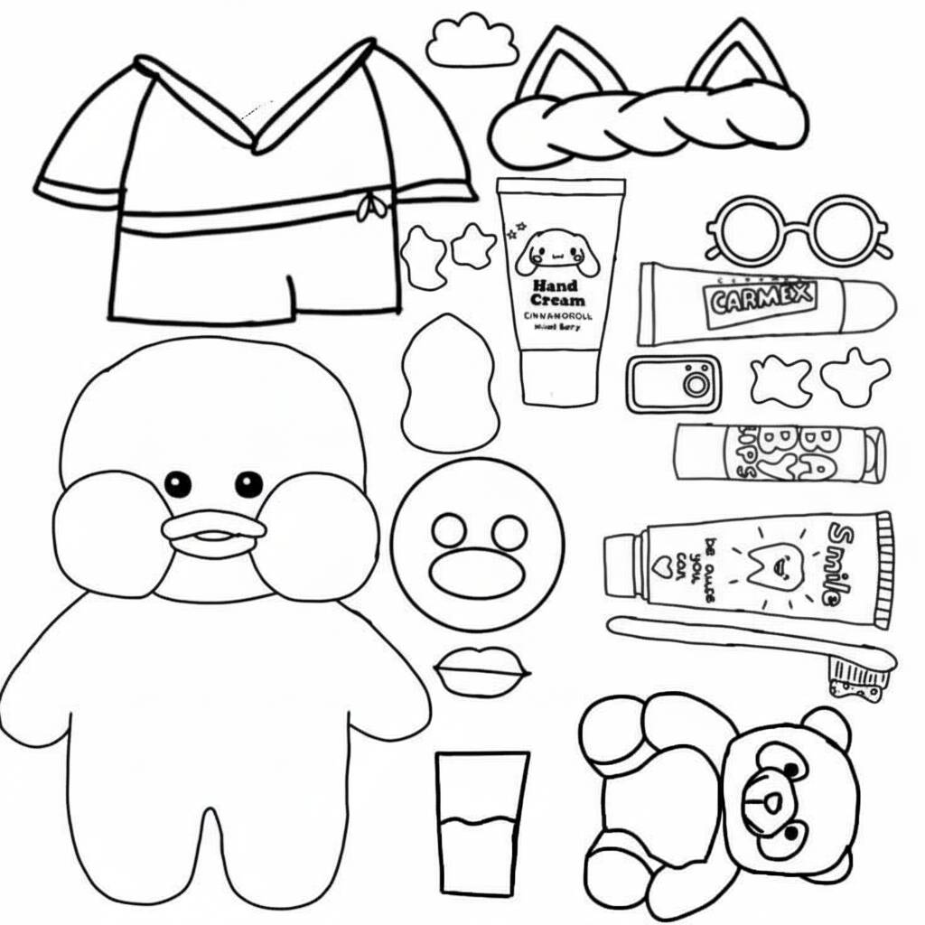 Desenho Paper Duck com itens fofos para colorir (Imprimir)