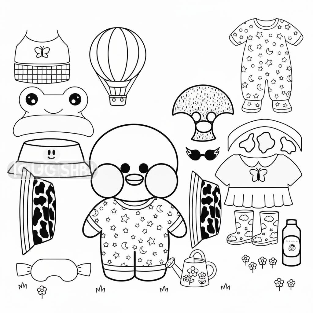Paper Duck drawing with clothes and accessories to color (Print)