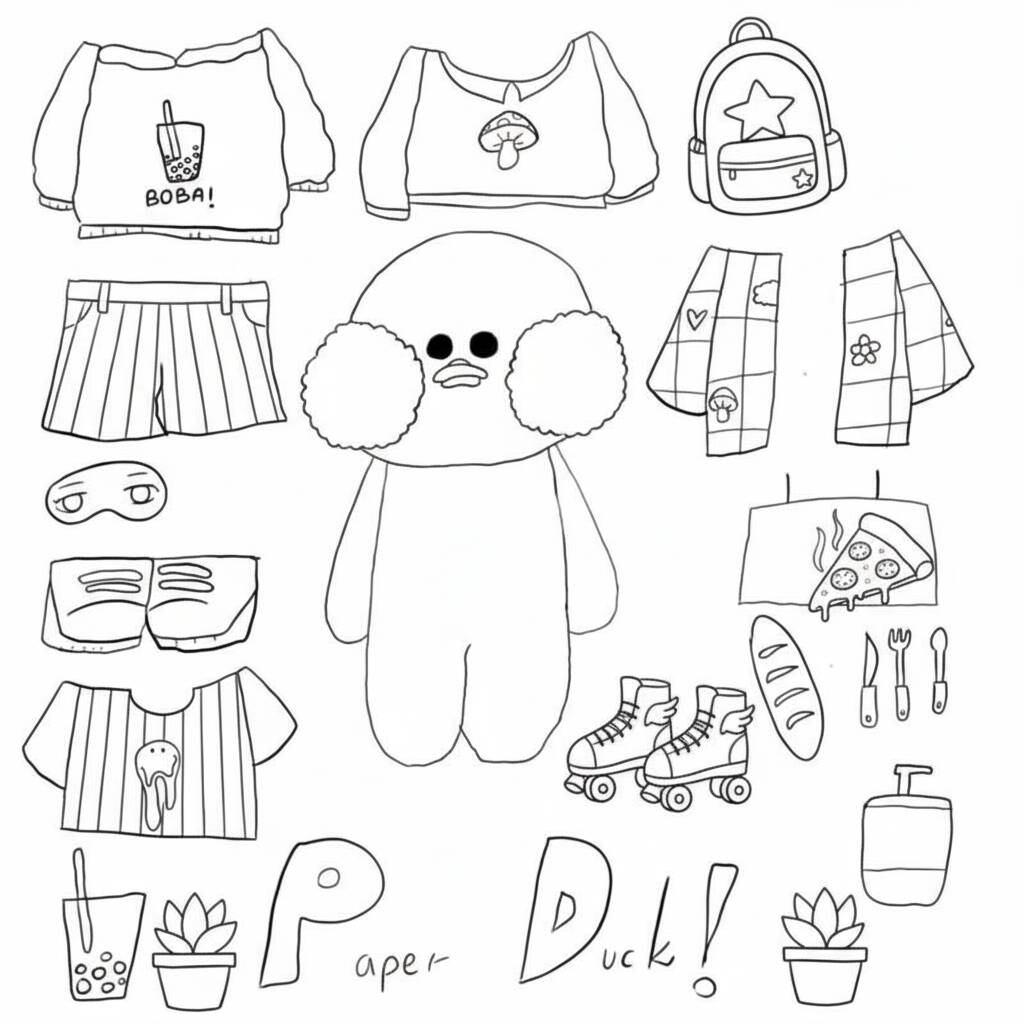 Desenho Paper Duck com roupas e acessórios para colorir (Imprimir)