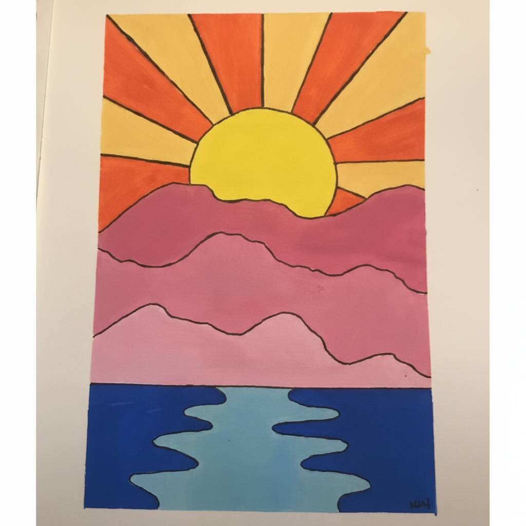 Desenho colorido de pôr do sol com montanhas e mar para colorir