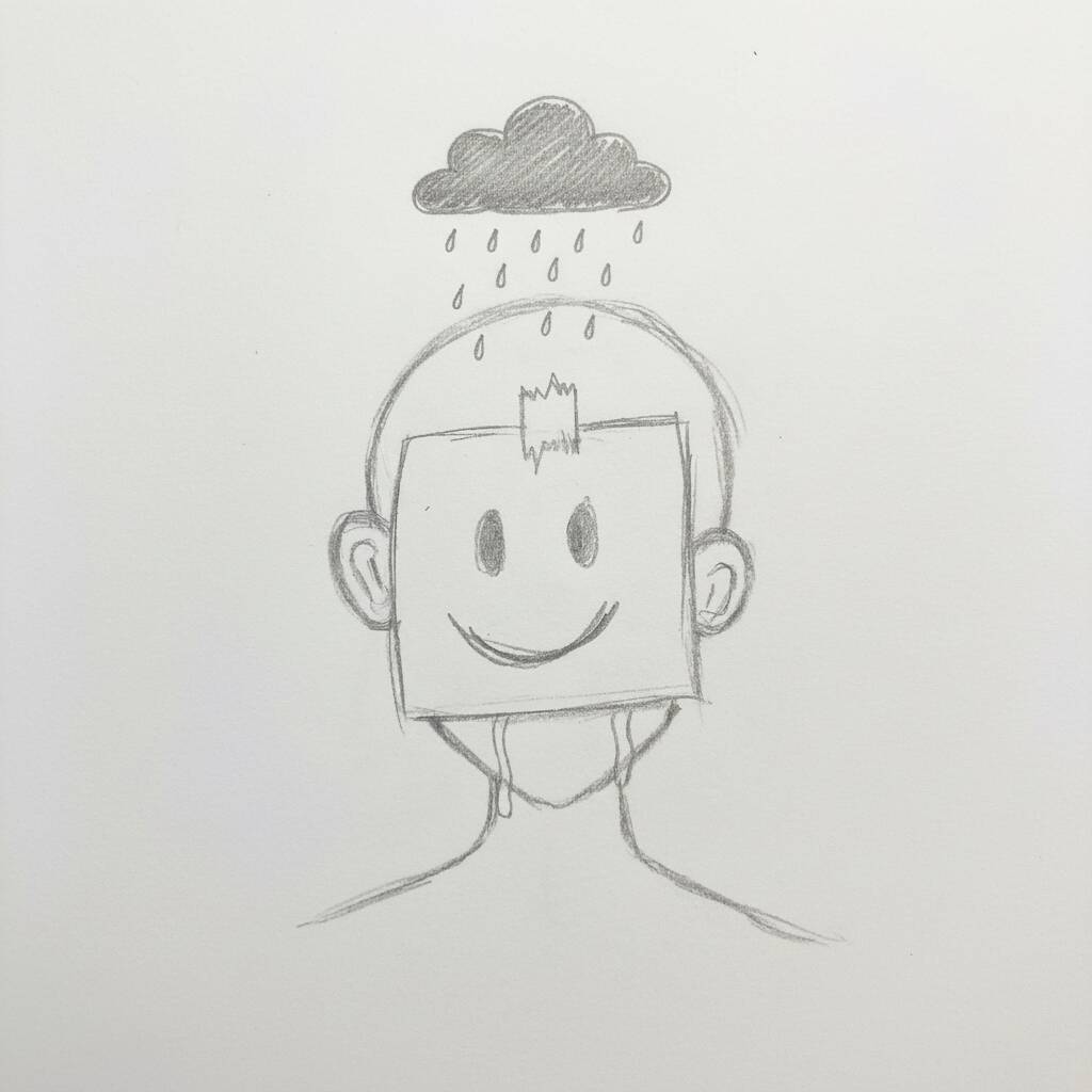 Desenho criativo de uma pessoa com uma caixa de sorriso na cabeça