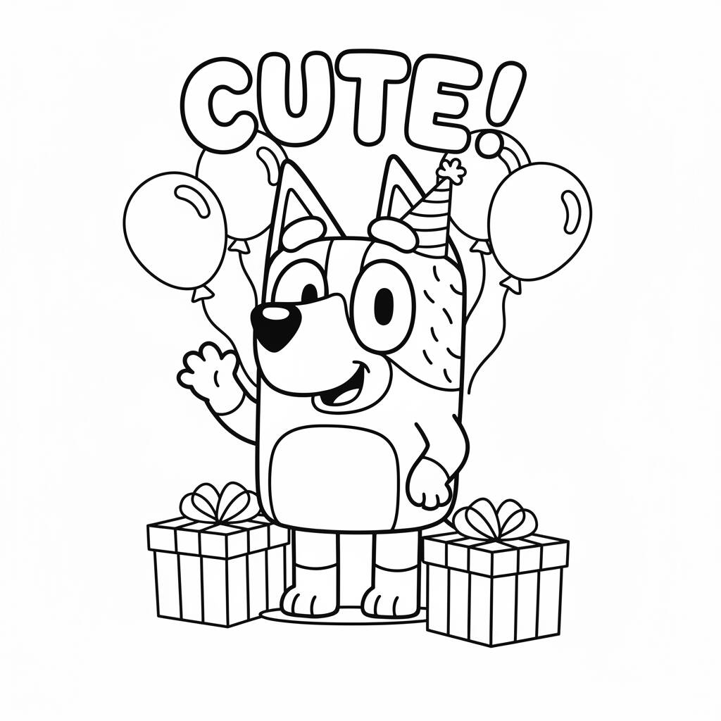 Desenho da Bluey com balões para colorir