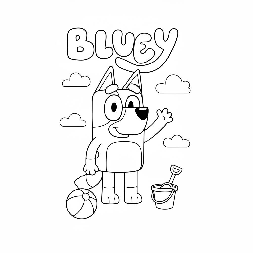 Desenho da Bluey com bola e balde para colorir