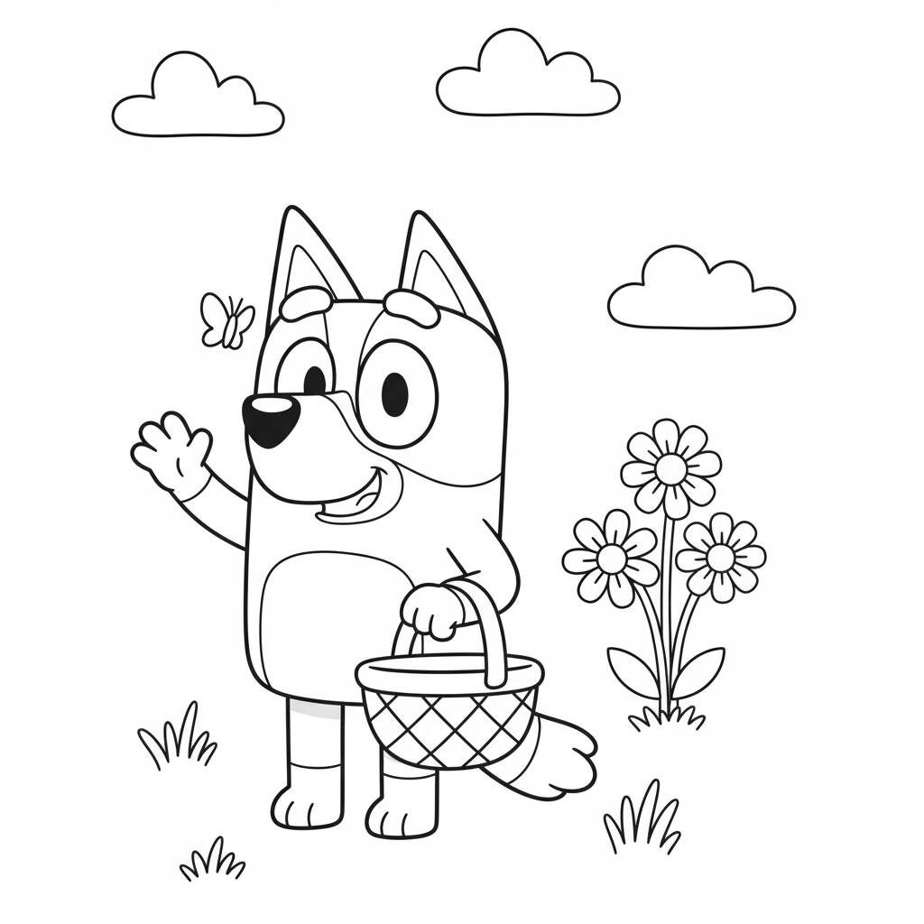 Desenho da Bluey com cesta e flores para colorir