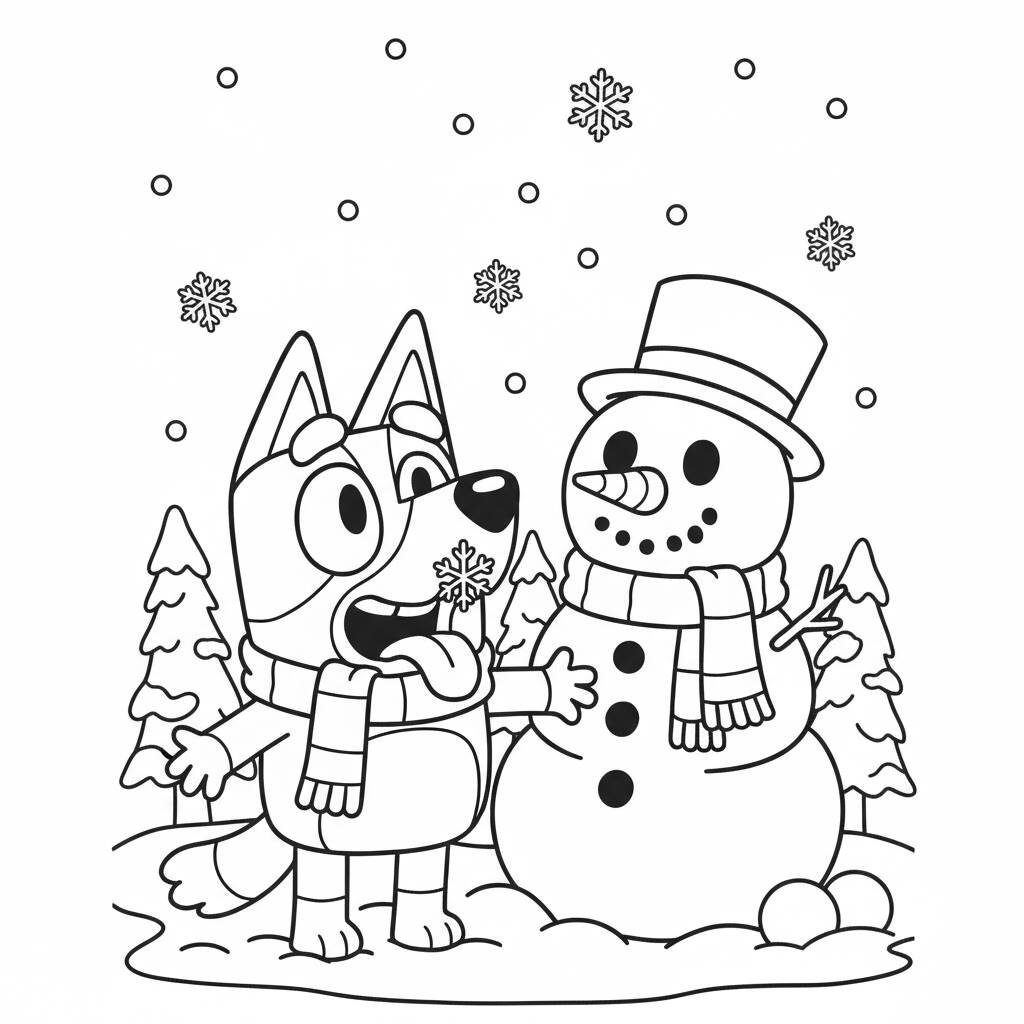 Desenho da Bluey com o boneco de neve para colorir