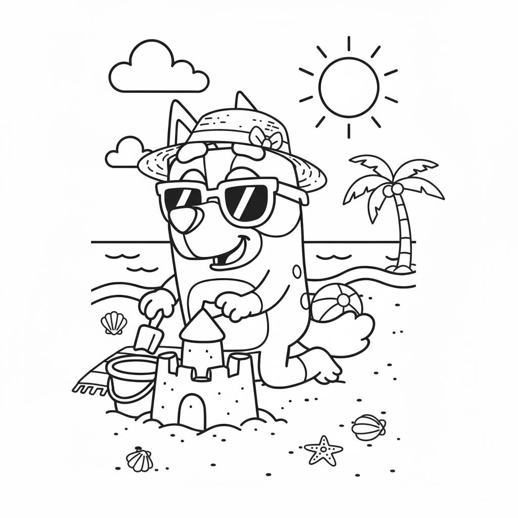 Bluey building sandcastle coloring page