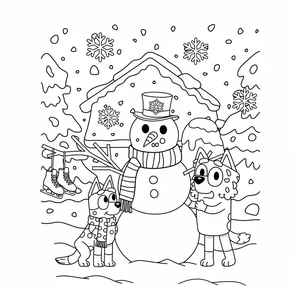 Desenho da Bluey e Bingo construindo um boneco de neve para colorir
