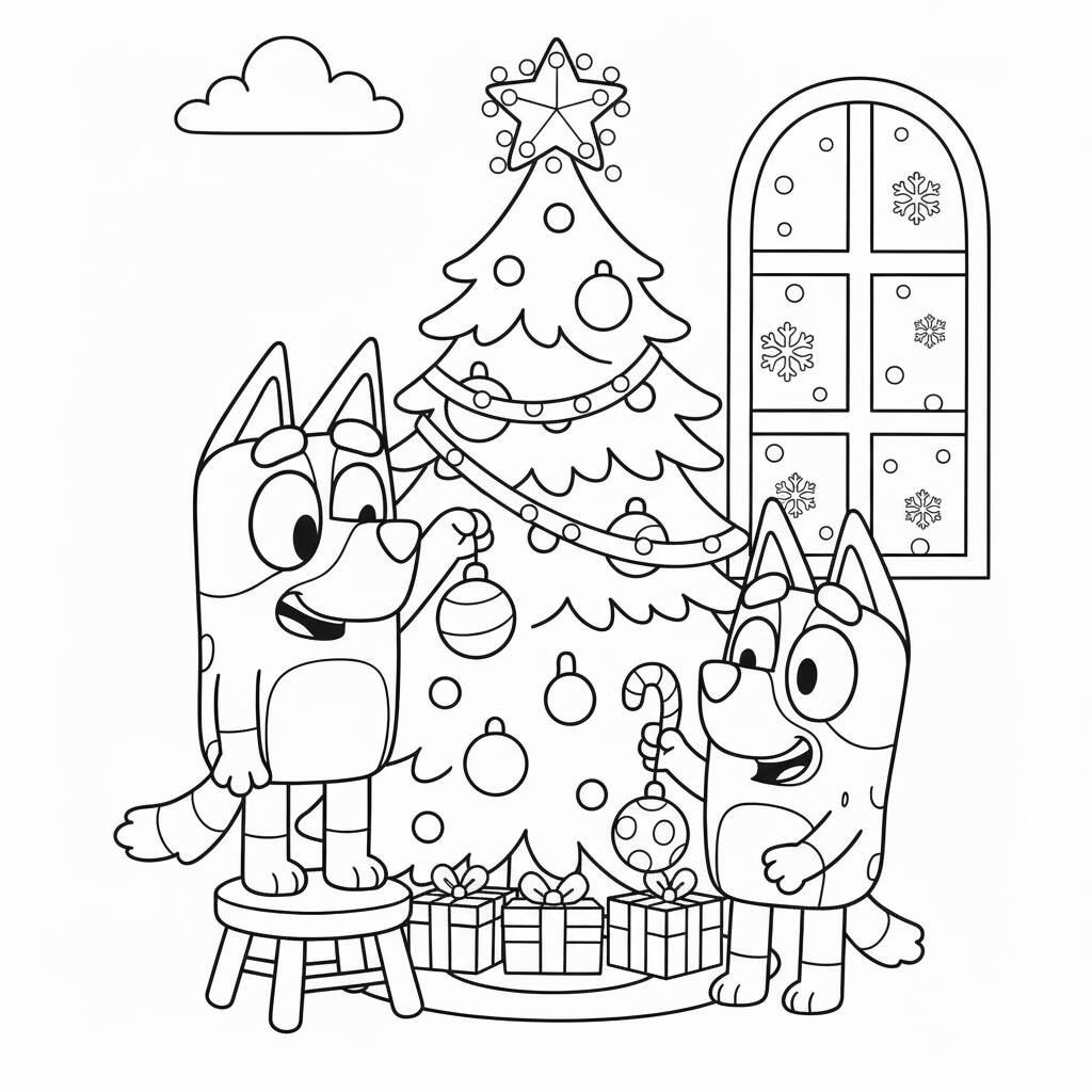 Desenho da Bluey e Bingo decorando a árvore de Natal para colorir