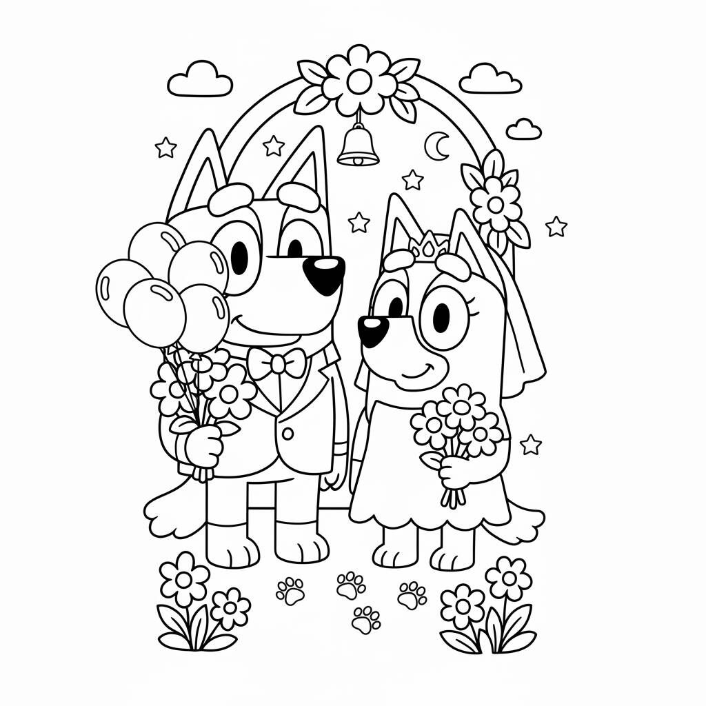 Bluey and Bingo at a wedding coloring page