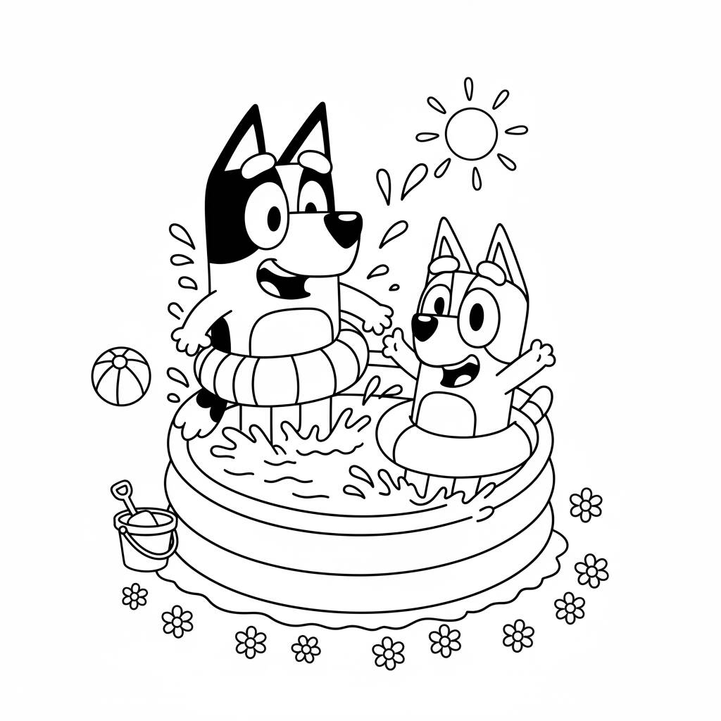Desenho da Bluey e Bingo na piscina para colorir