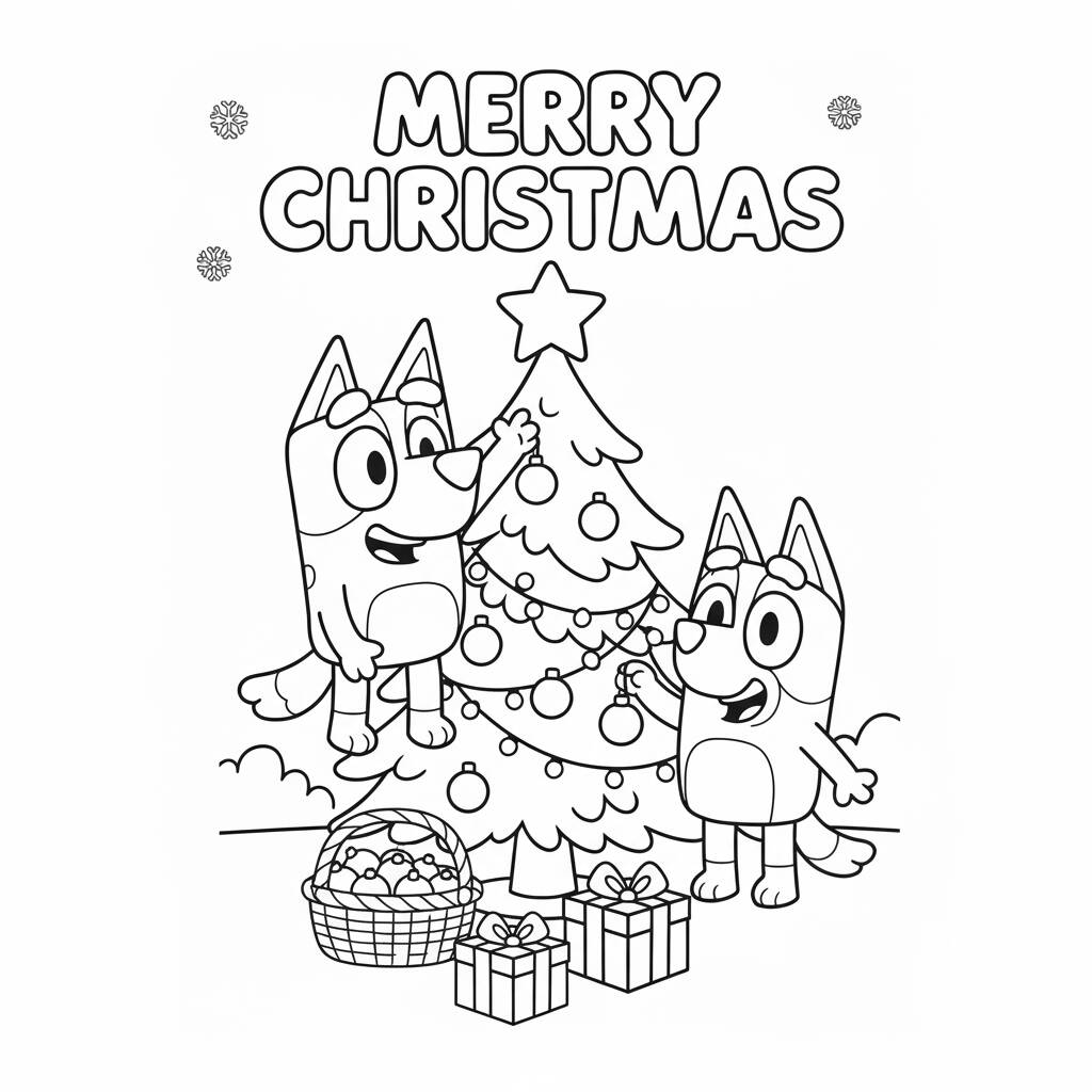 Dibujo de Bluey y Bingo en Navidad para colorear