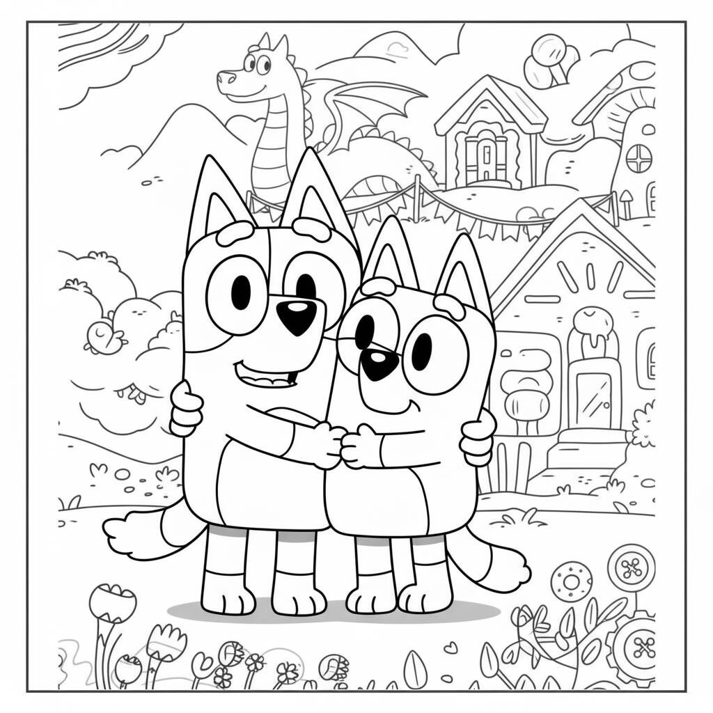 Desenho da Bluey e Bingo se abraçando para colorir