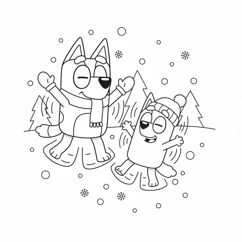 Desenho da Bluey e da Bingo se divertindo na neve para colorir