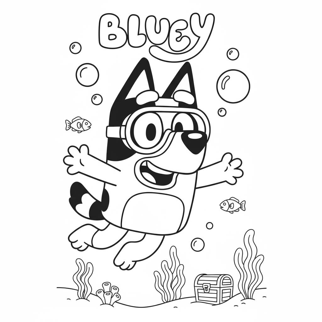 Bluey swimming with fish coloring page