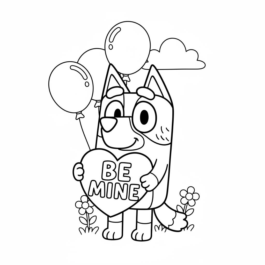 Desenho da Bluey segurando um coração para colorir