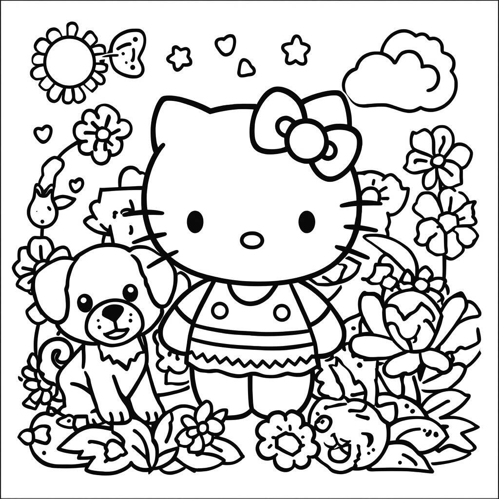 Desenho da Hello Kitty com Animais para Colorir