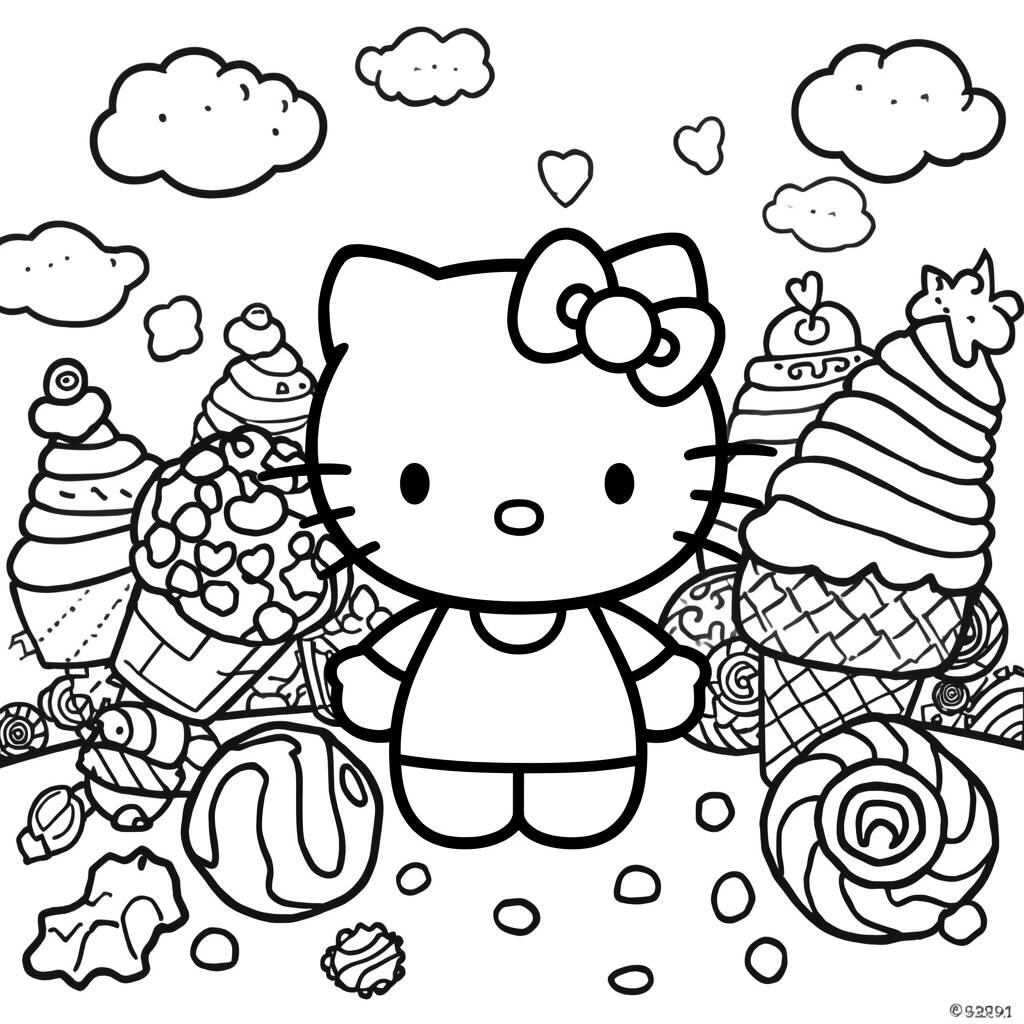 Desenho da Hello Kitty com Doces para Colorir