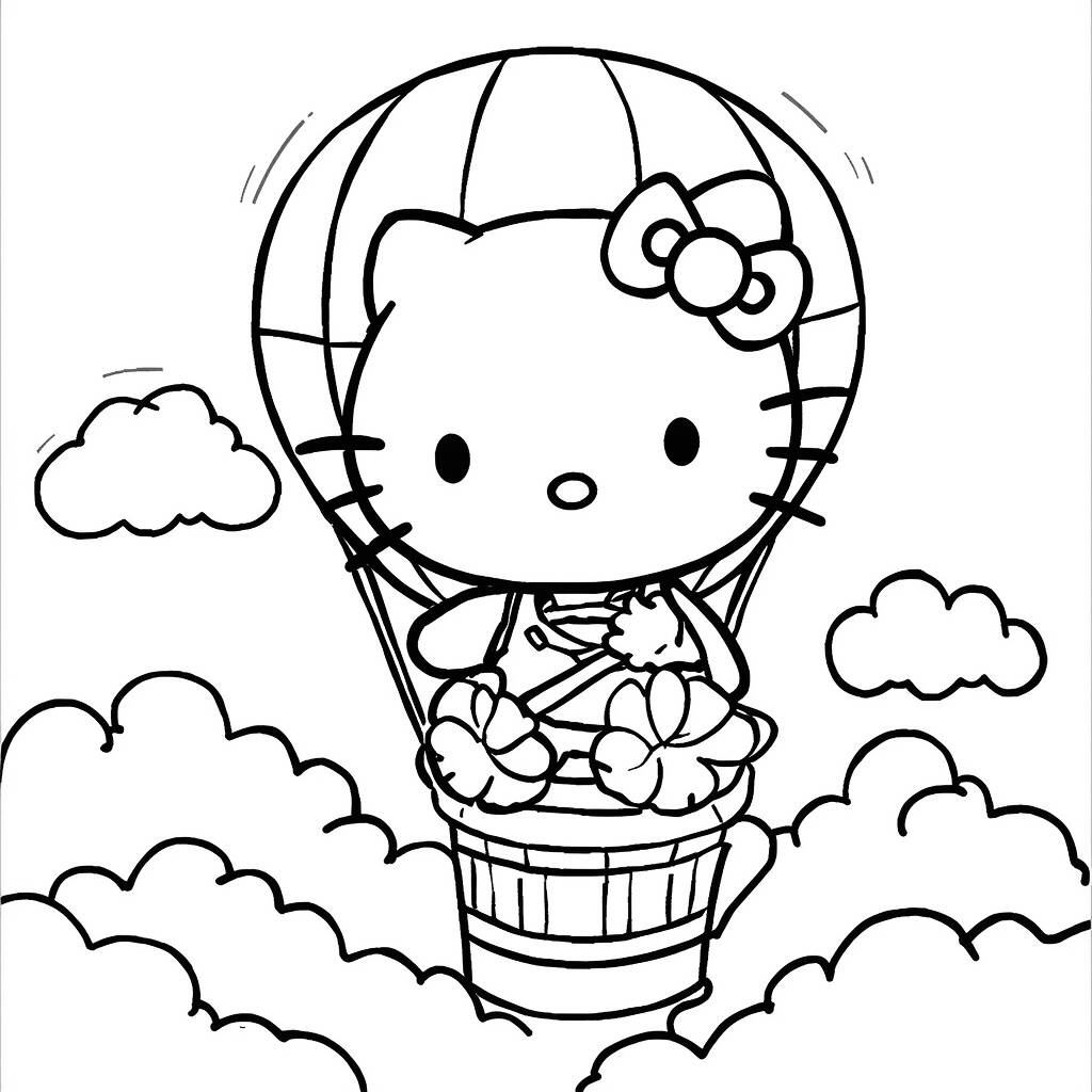 Desenho da Hello Kitty em um Balão de Ar Quente para Colorir