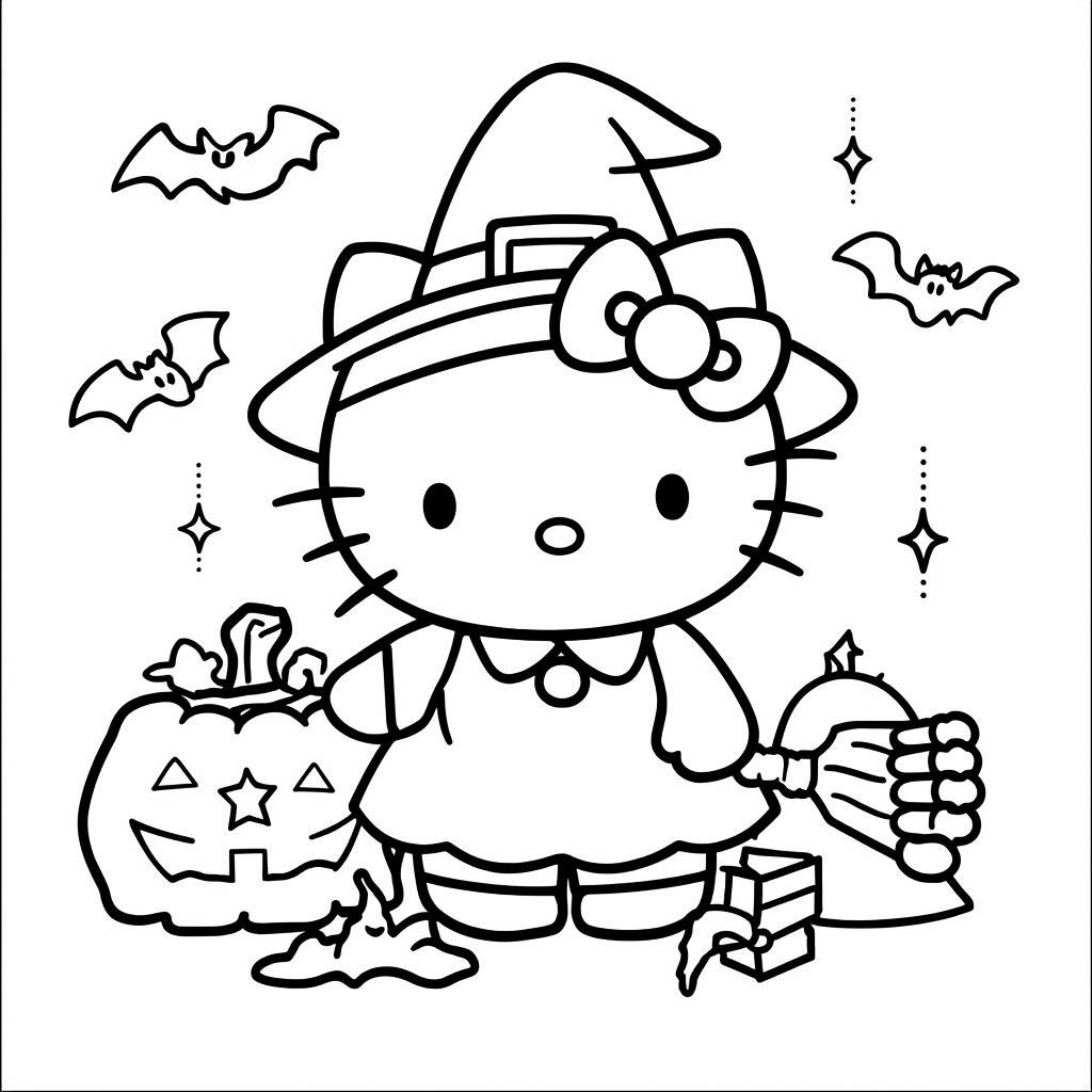 Hello Kitty on Halloween Coloring Page