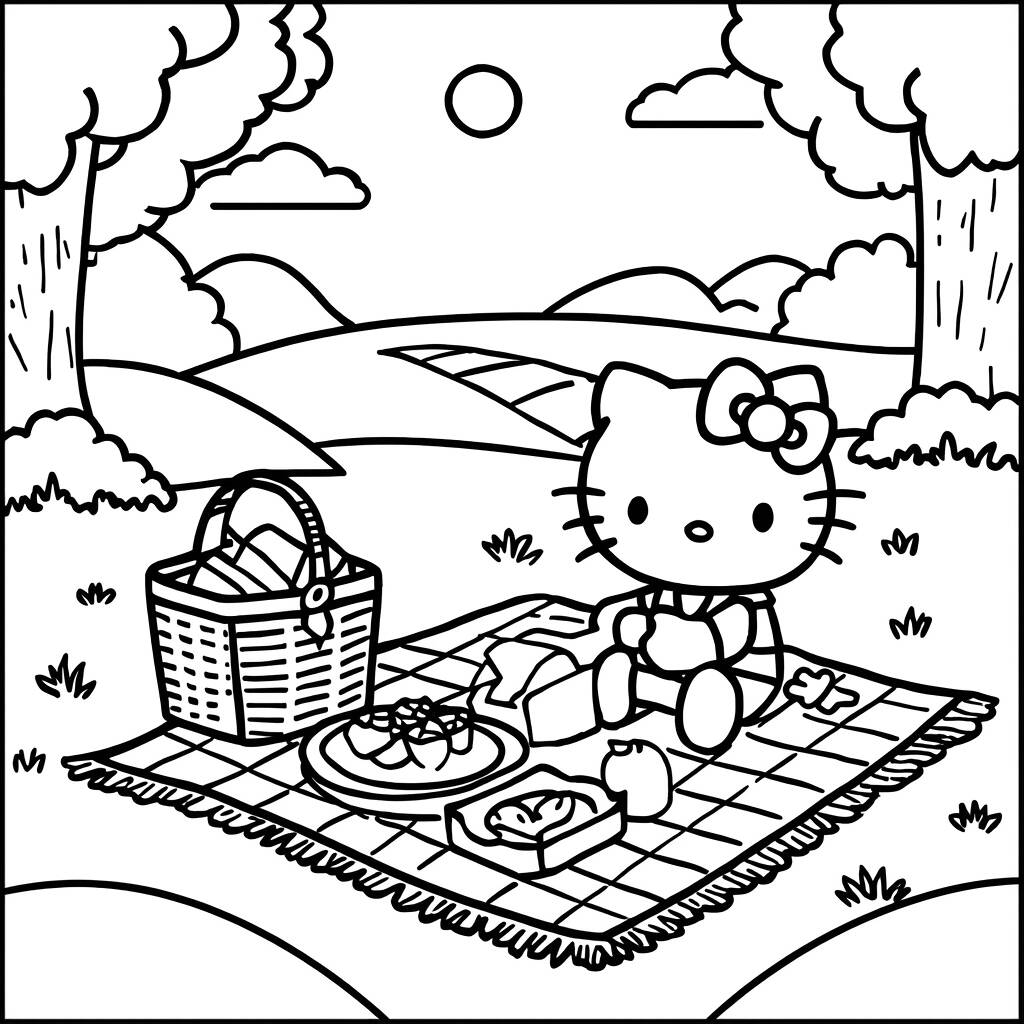 Desenho da Hello Kitty em um Dia de Piquenique para Colorir