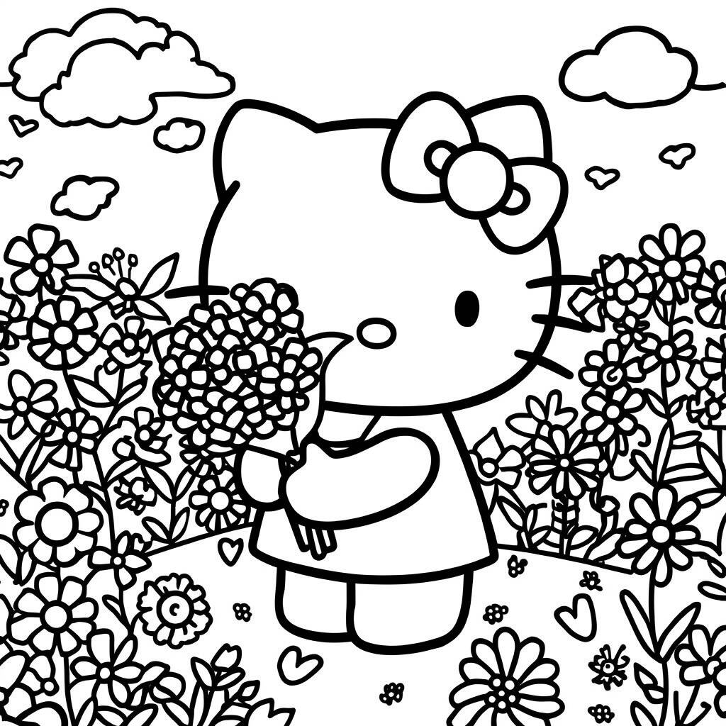 Desenho da Hello Kitty em um Festival de Flores para Colorir