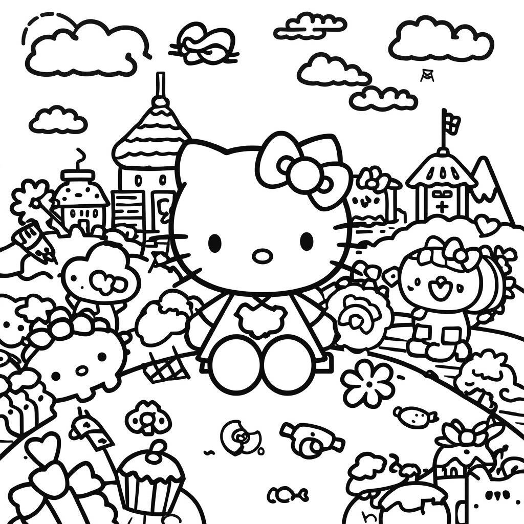 Desenho da Hello Kitty em um Mundo Kawaii para Colorir