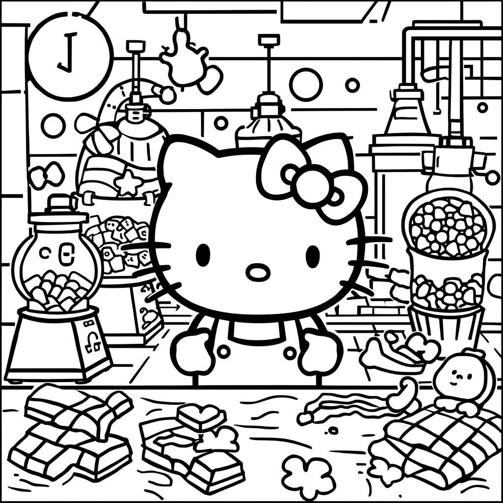 Desenho da Hello Kitty em uma Fábrica de Chocolate para Colorir