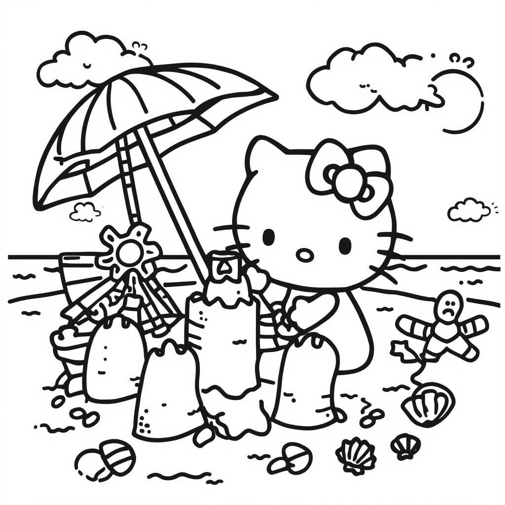 Desenho da Hello Kitty na Praia para Colorir