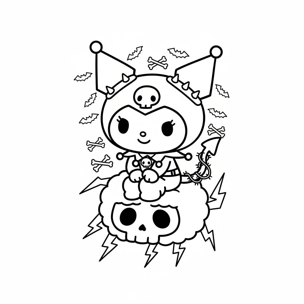 Desenho da Kuromi com caveira para colorir
