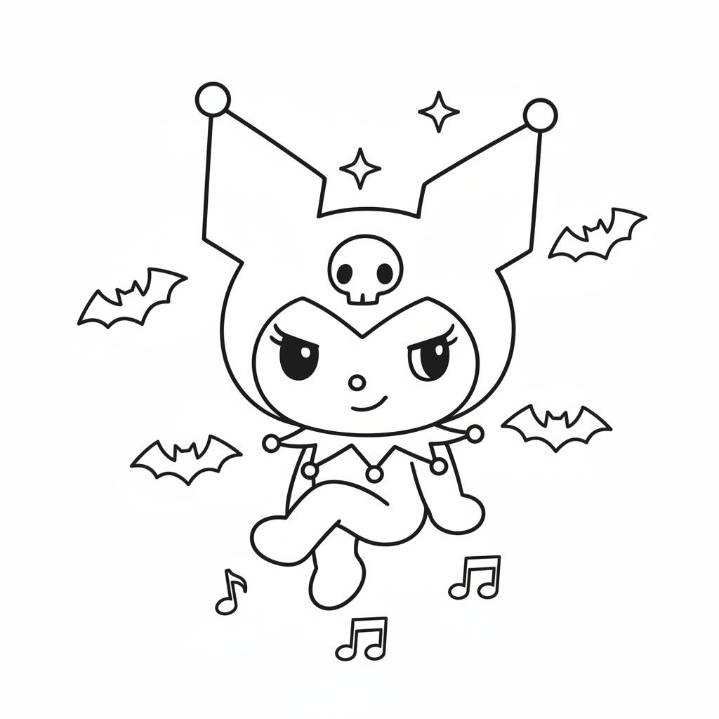 Desenho da Kuromi com morcegos para colorir