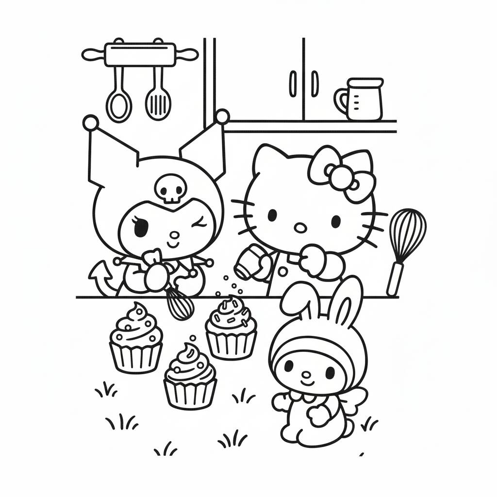 Desenho da Kuromi e Hello Kitty na cozinha para colorir