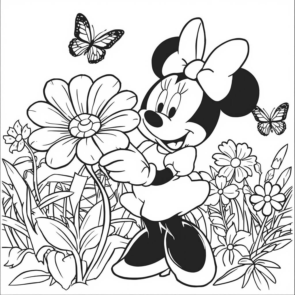 Desenho da Minnie Mouse com uma Flor para Colorir