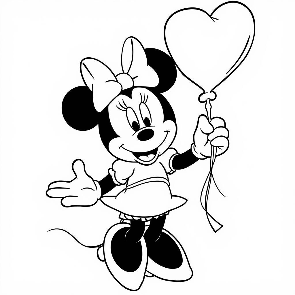 Desenho da Minnie Mouse e um Balão de Coração para Colorir