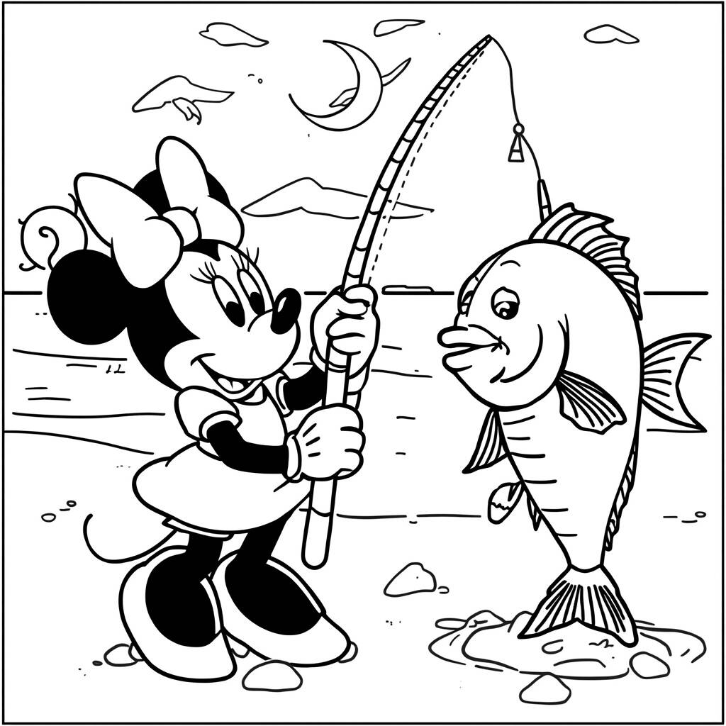 Desenho da Minnie Mouse e um Peixe para Colorir
